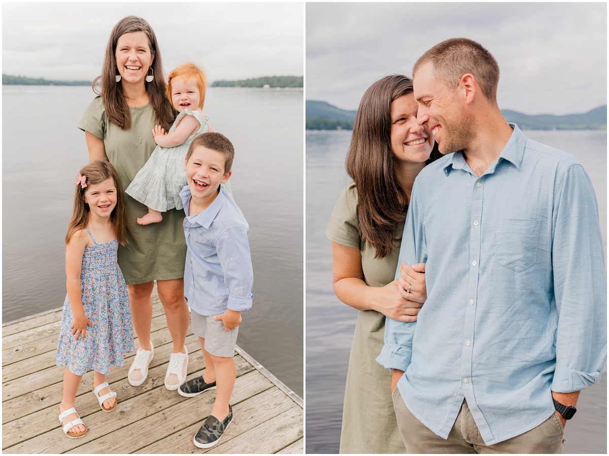 Photo of mom and three kids smiling at camera on a dock; photo of couple laughing with each other on dock