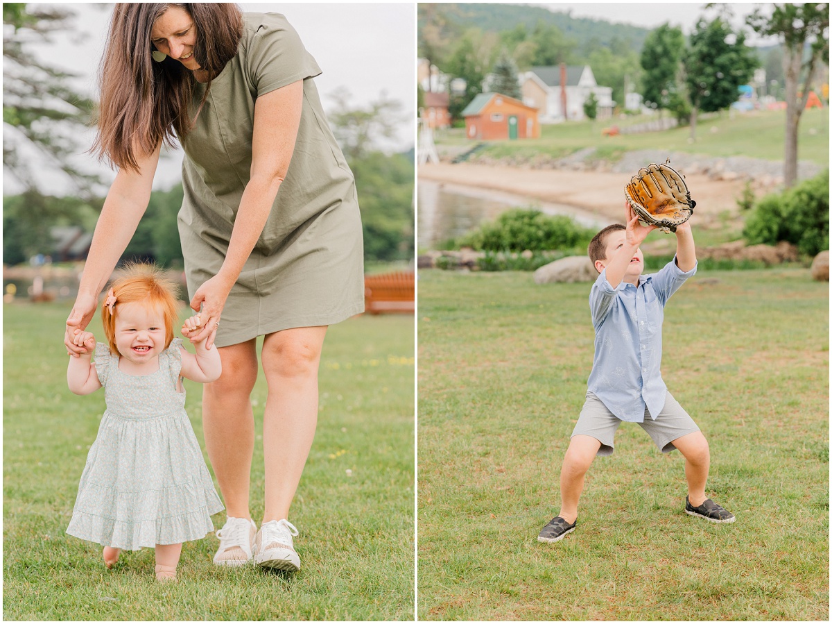 Mom walks holding little girl's hands; boy holds baseball glove up in the air