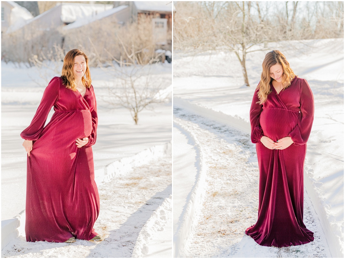 Two snowy maternity photos of mom cradling bump