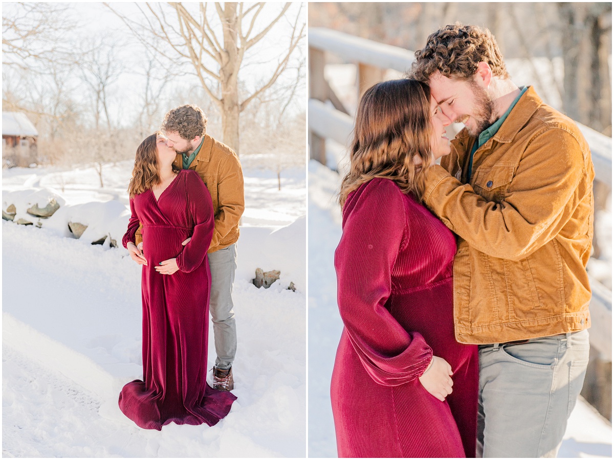 Two snowy maternity portraits with mom and dad snuggling each other