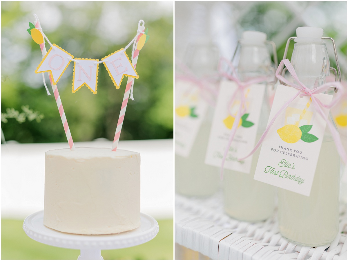 Cake with lemon flags spelling "ONE" next to picture of first birthday lemonade favors