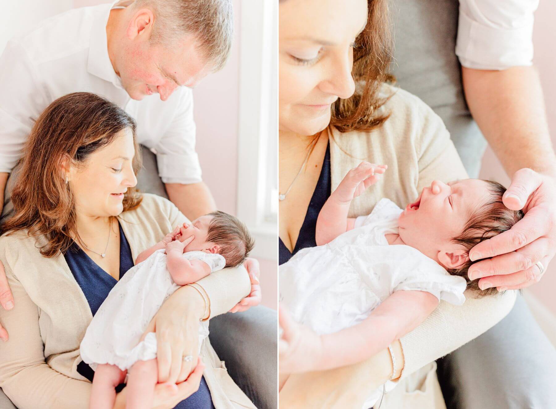 Example of lifestyle newborn images, 2 images side-by-side: Mother seated in chair holding and looking down at baby in her arms (both photos), in first photo, dad is visible standing over chair, leaning in and holding mom's elbow under the infant's head; in second image, dad's hand on the yawning infant's head is visible in a closeup