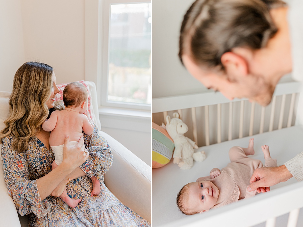 Example of two side-by-side images of a 12-week old newborn to help you decide when to do newborn photos: first image shows a mom sitting with infant, unclothed except for a diaper, up resting on her shoulder and gazing out the window; second image shows newborn smiling up at her daddy from her crib