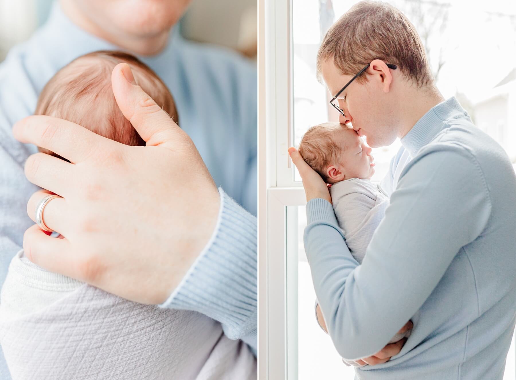 Example of when to do newborn photos showing 2 side-by-side early newborn photos: the first is a closeup of father's hand supporting newborn's neck and pulling her in close to his chest, second image shows same father standing in front of a window, holding sleeping newborn close to give her a kiss on the forehead