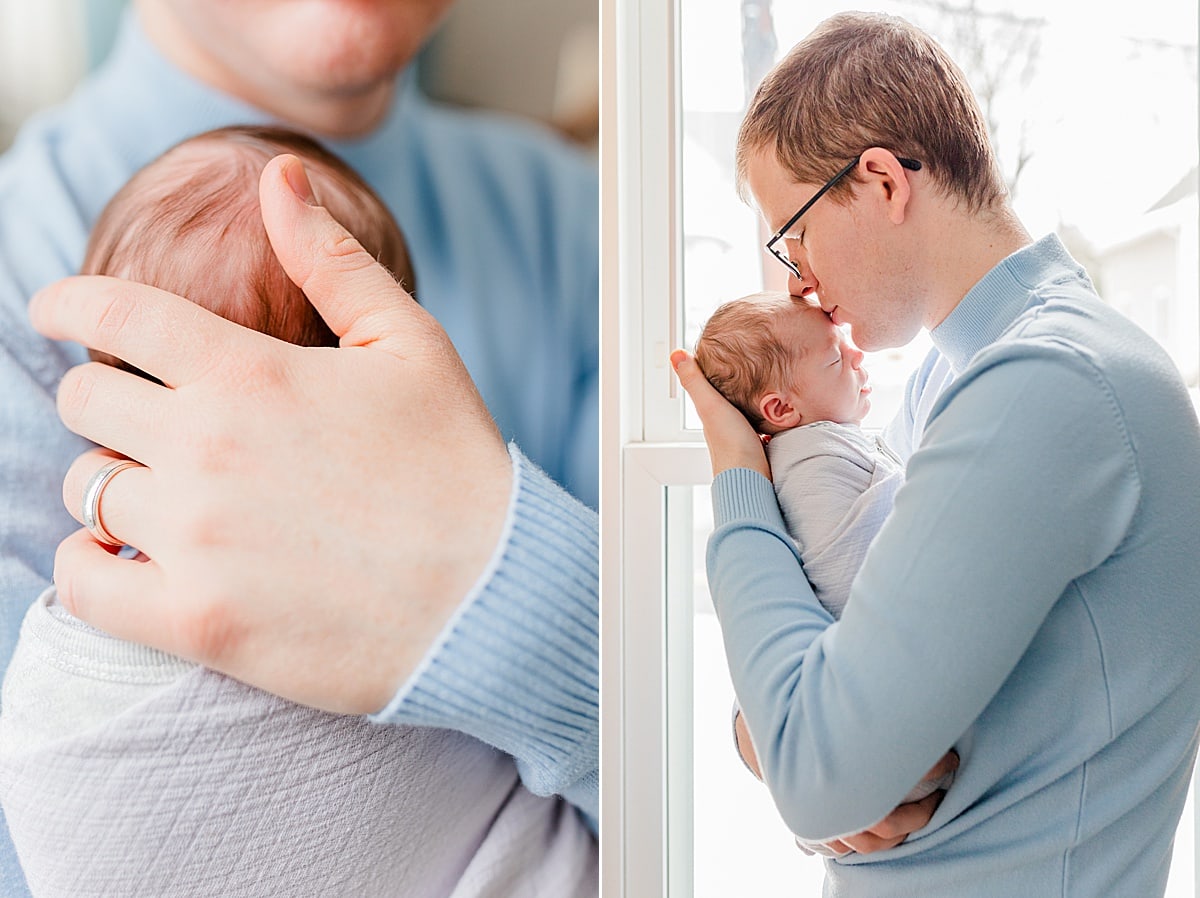 Example of when to do newborn photos showing 2 side-by-side early newborn photos: the first is a closeup of father's hand supporting newborn's neck and pulling her in close to his chest, second image shows same father standing in front of a window, holding sleeping newborn close to give her a kiss on the forehead