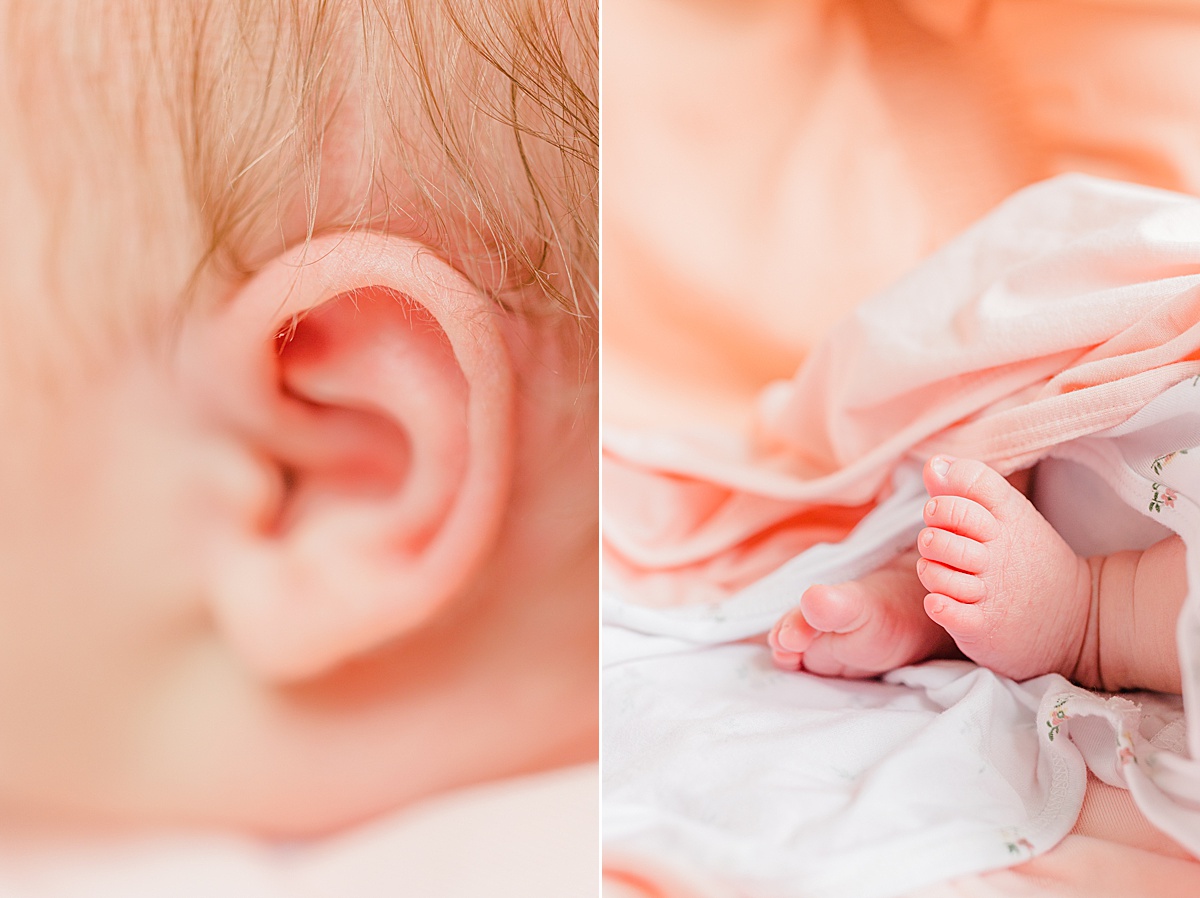 Bain Birthing Center - Two images side by side: image one is a closeup of newborn baby's ear and wisps of hair, image two shows baby feet details from baby