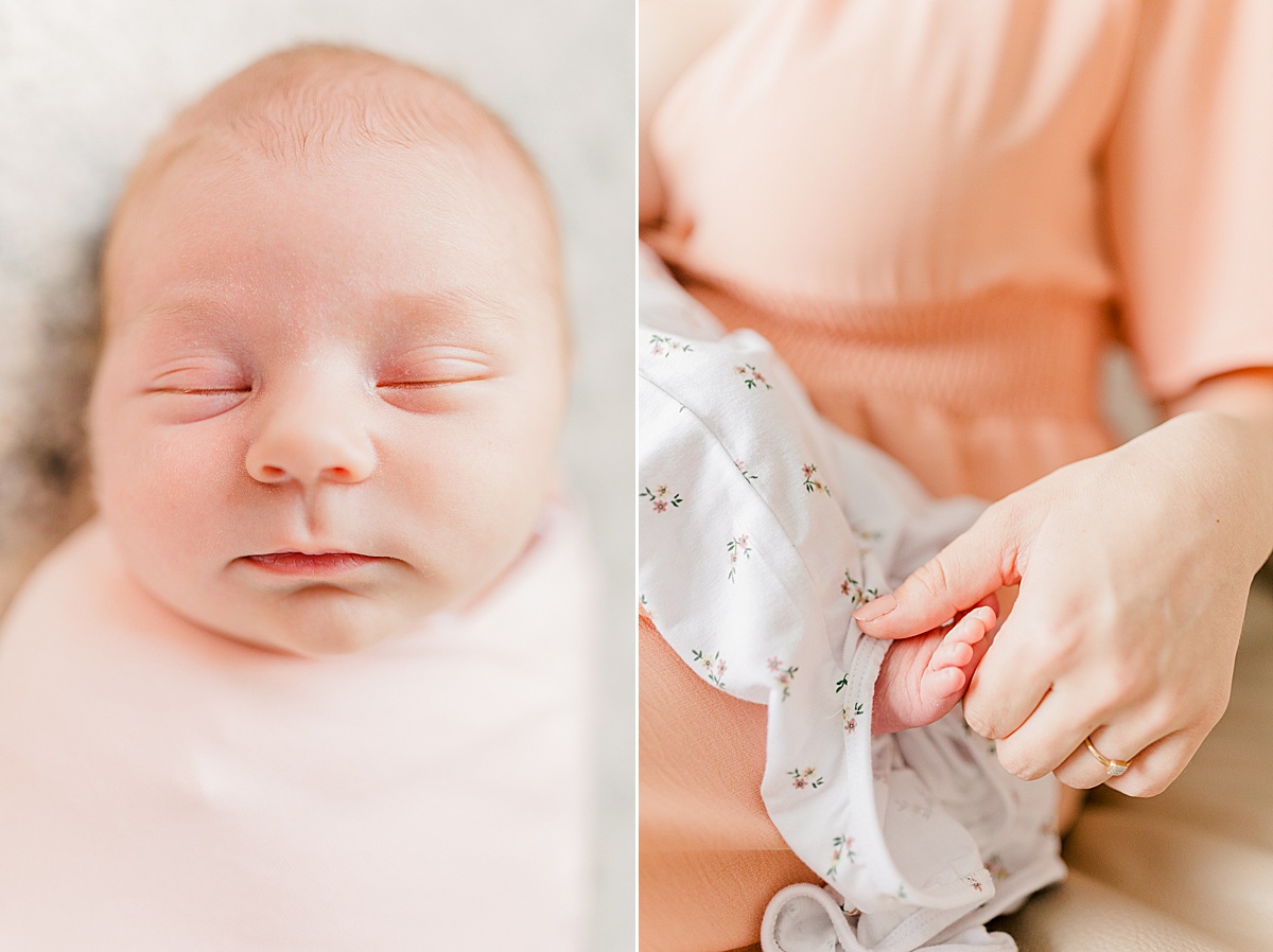 Boston Fertility Clinics | Two images side-by-side: image one is a close up of the face of a sleeping baby wrapped tightly in a light pink swaddle; image two shows the lower half of newborn on mom's lap while she holds her newborn's feet