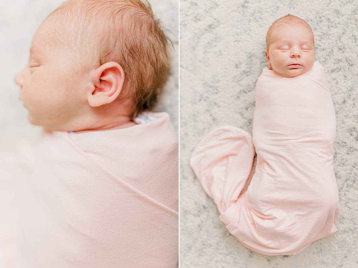 Boston IVF Waltham | Two images side-by-side: Image one shows sleeping infant with face turned to the side so that the ear is in focus; image two shows a whole-body shot of the same sleeping infant wrapped tightly in a pink swaddle on a soft white and grey rug