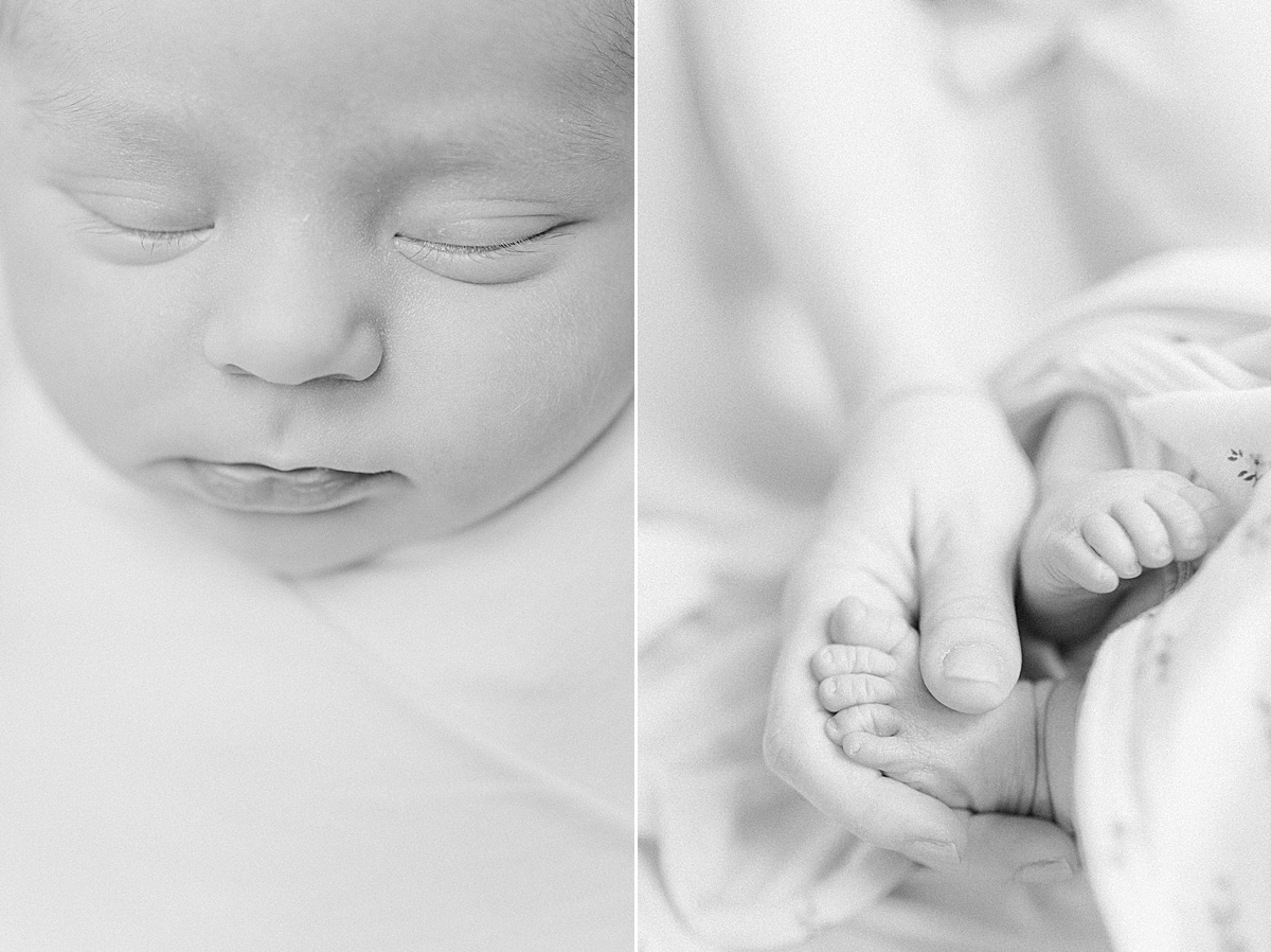 CCRM Boston | Two black and white images side-by-side: first image is a close up of sleeping newborn's face; second image shows a mother's hand holding newborn baby's foot