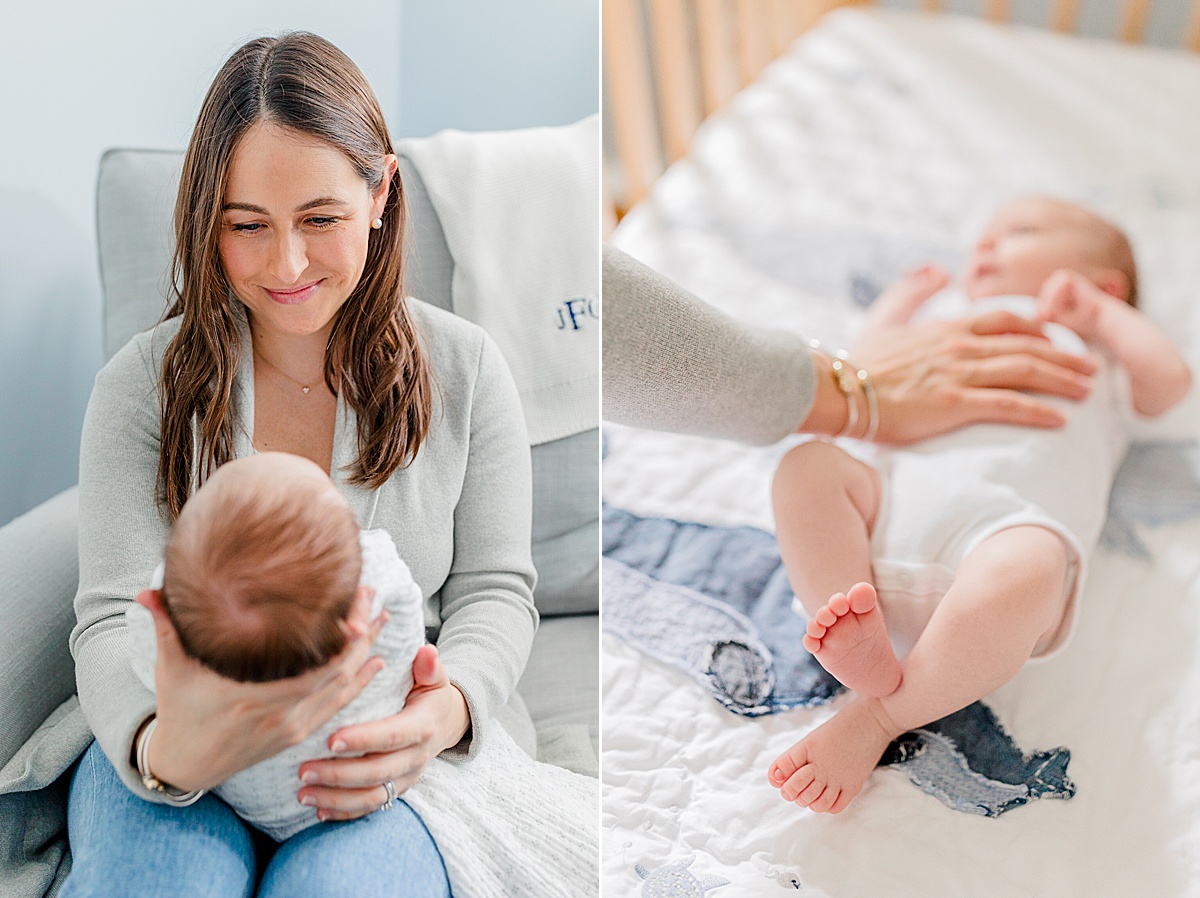 Two images side by side: first image shows mom holding swaddled newborn in her lap and smiling down at him; second image shows newborn in a white onesie in his crib, kicking his feet while his mother rests her hand on his tummy