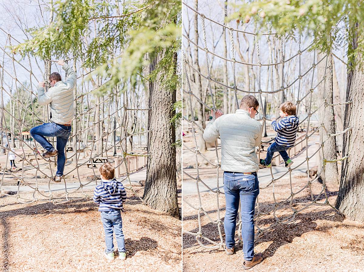 Two images side by side: father and son take turns climbing up a rope net at the EcoTarium in Worcester