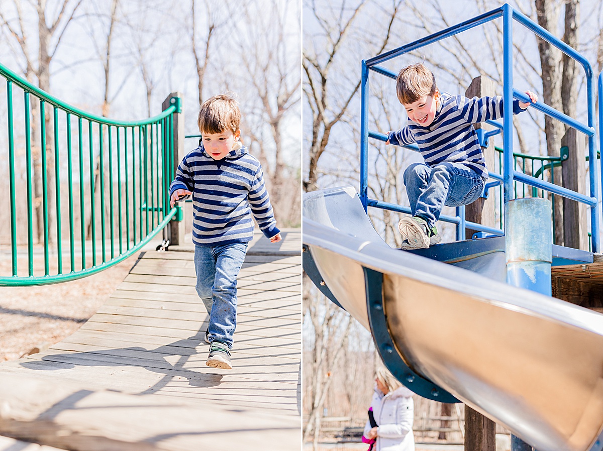 Two images side by side of little boy playing on a playground