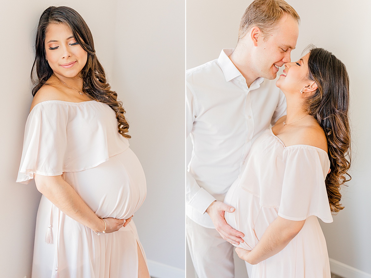 image 1 is a pregnant woman cradling her belly, image two shows a husband pulling pregnant wife close