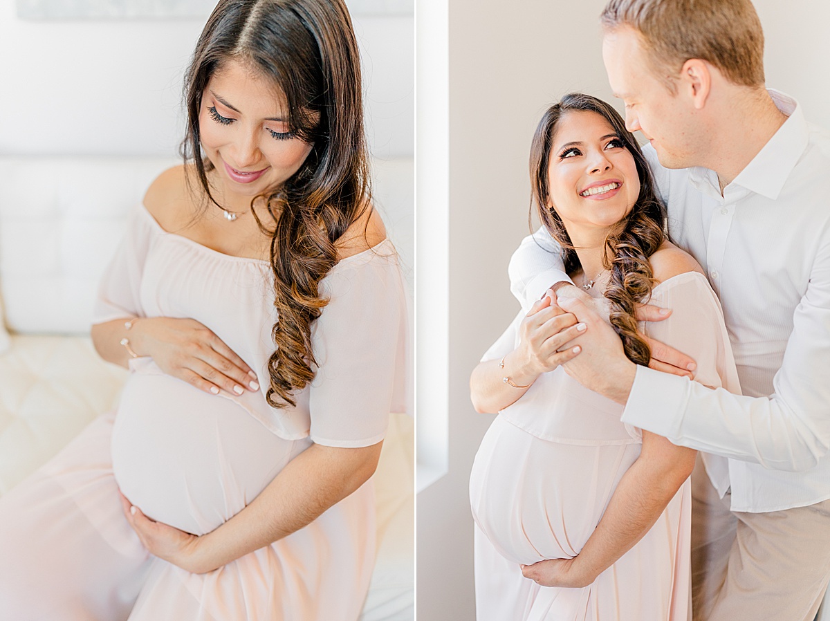 prenatal massage in Boston - first image shows pregnant mother cradling baby bump, second image shows husband hugging pregnant wife from behind