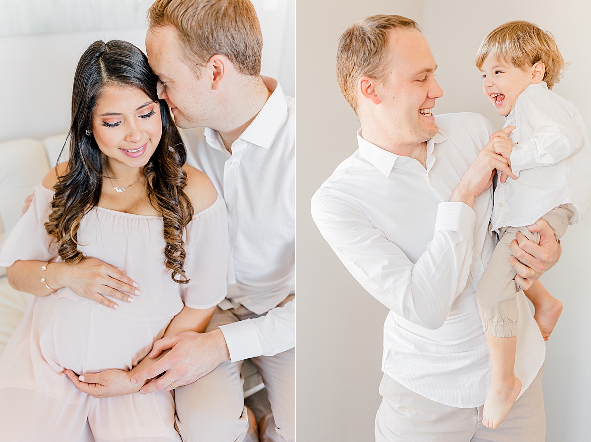 first image shows husband and pregnant wife sitting close together on the couch with arms cradling the baby bump, image two shows father tickling his toddler son