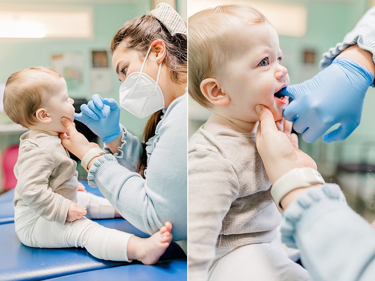 Pediatric chiropractor adjusting child's jaw