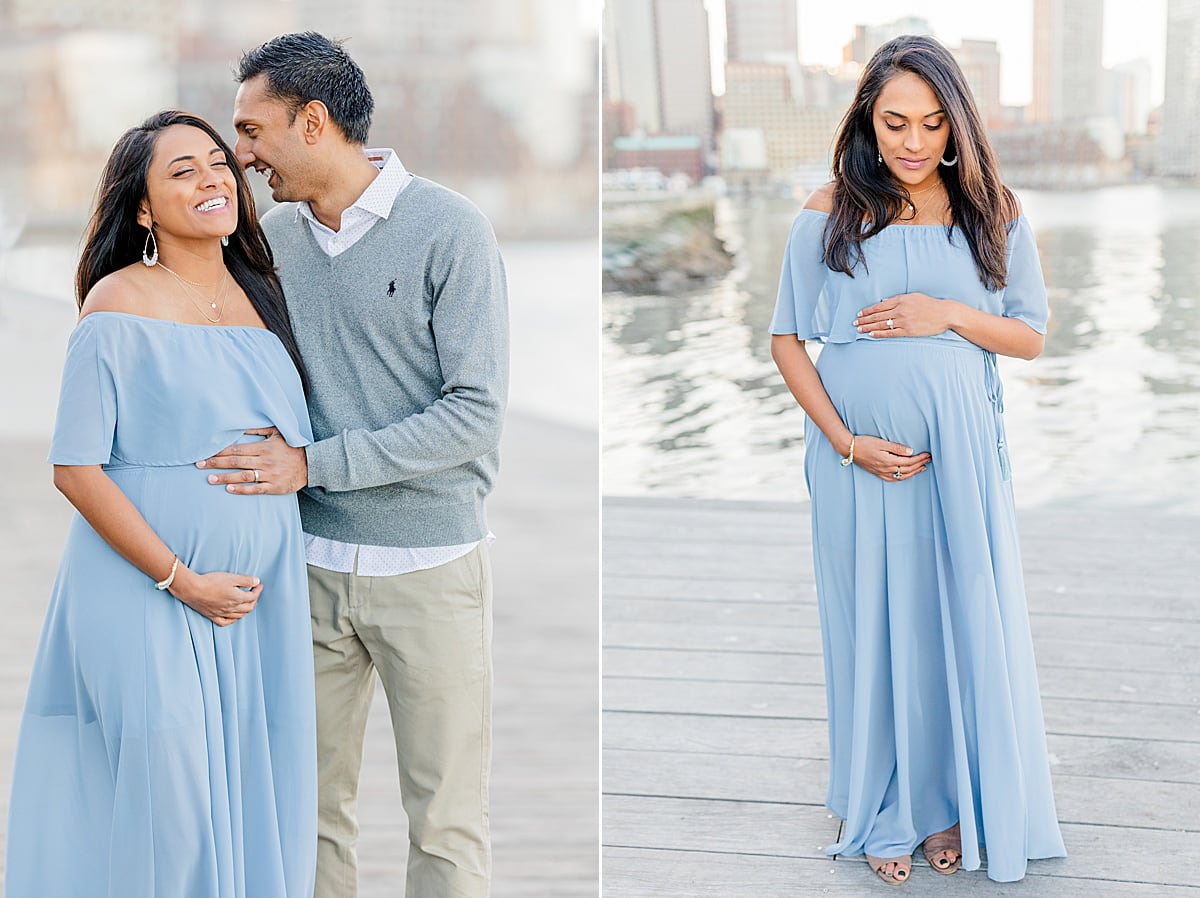 Pregnant mother and husband cradling bump and laughing together; pregnant mother standing alone, cradling her bump in front of Boston skyline