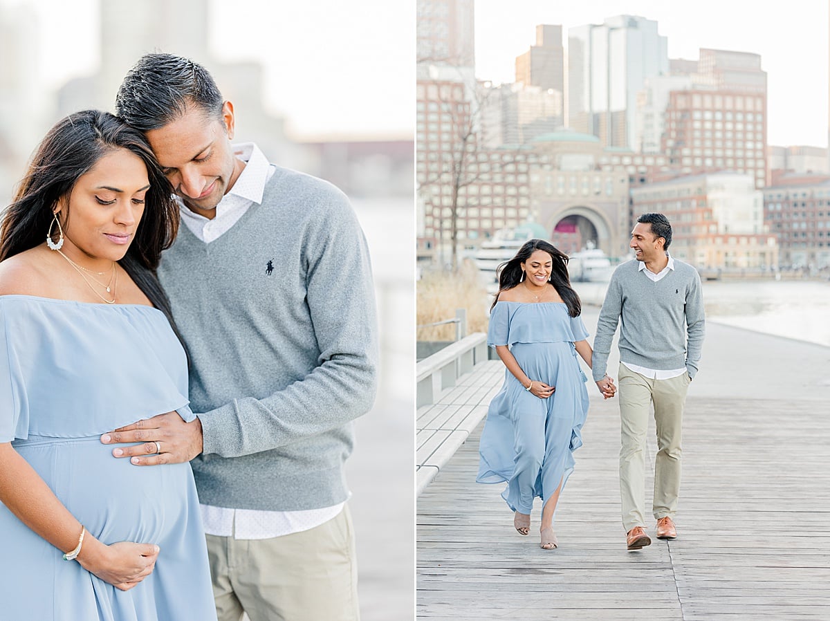 Prenatal Yoga Boston: pregnant mother and husband cradling bump; pregnant woman and husband holding hands walking at Boston Seaport