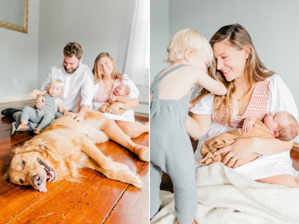 family of 4 sitting on the floor with their newborn and dog Harvard Vanguard OBGYN