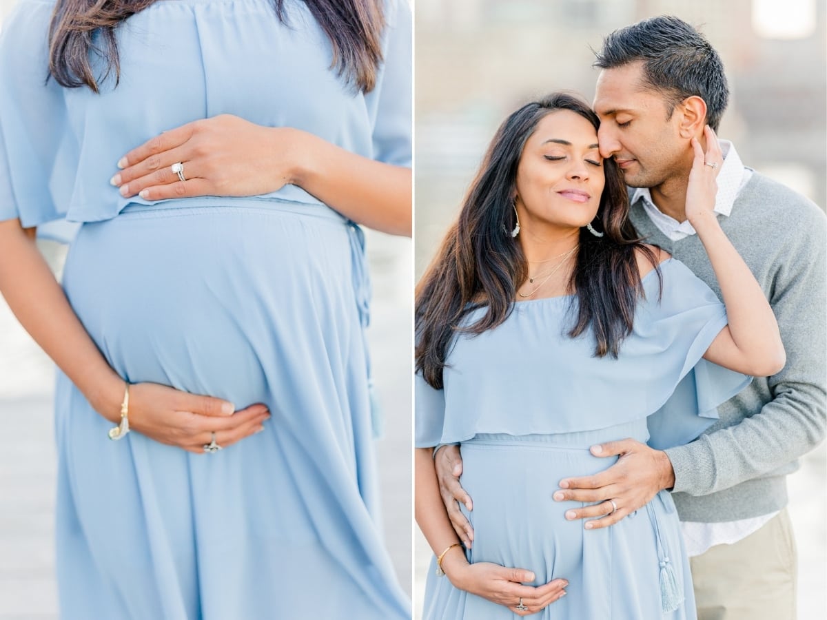 closeup of a baby bump and a husband and wife sharing the special moment