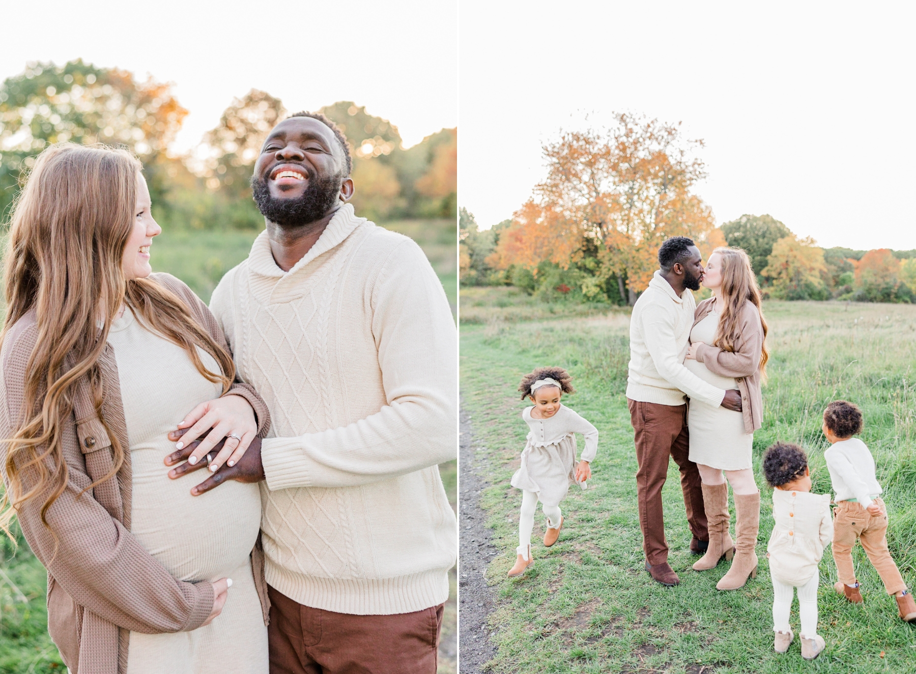 Two images side by side - Pregnant Client from Seven Sisters Midwifery and her husband cradling her bump and laughing together; image two: same pregnant woman kissing her husband while their three children run around them laughing
