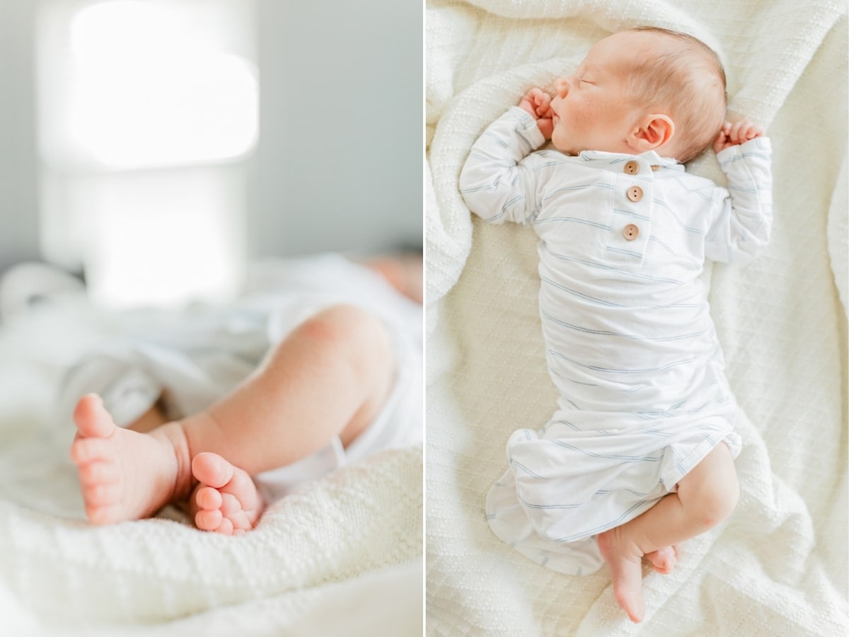 closeup of a newborn baby's feet and baby sleeping in a bassinet