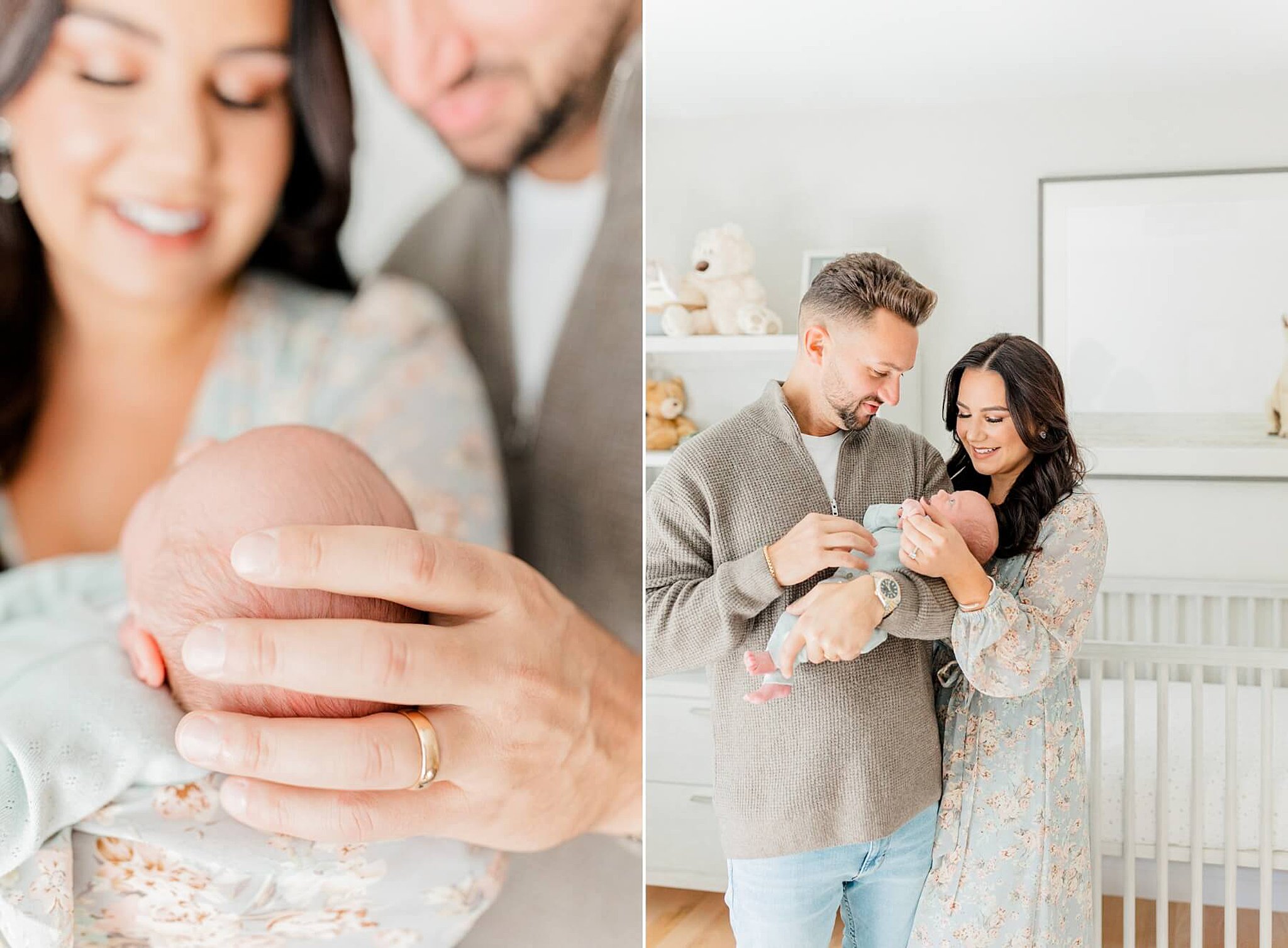 Mom and dad hold their newborn in their nursery in front of the crib and stuffed animals