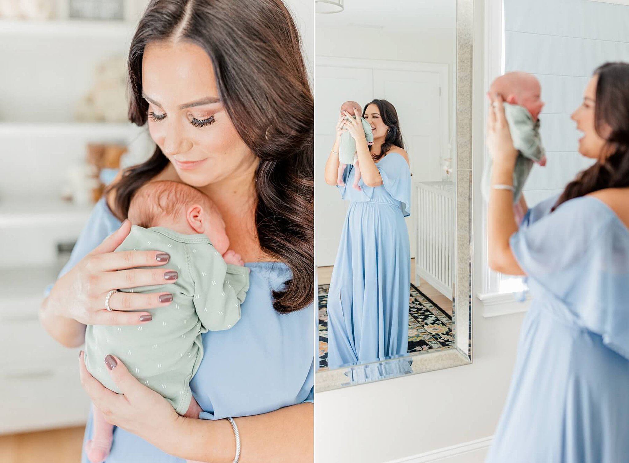 Mom in a blue maternity gown holds her newborn to her chest next to her in front of a mirror playing
