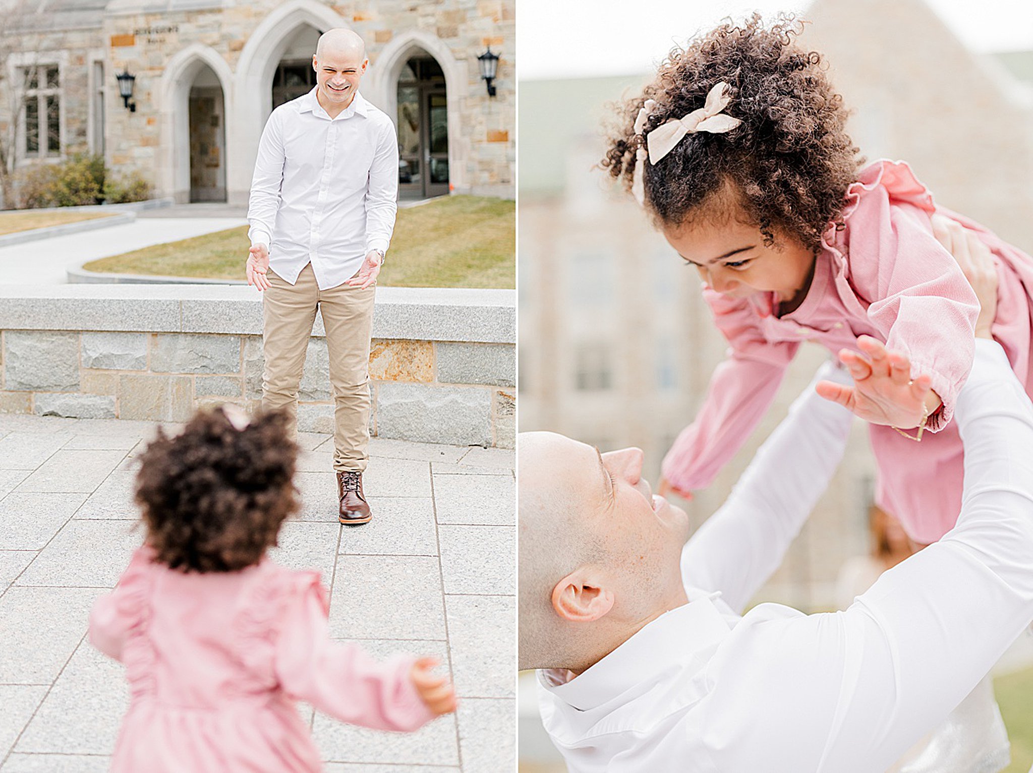 Dad plays with his young daughter wearing a pink dress in a park outside a large stone building harvard vanguard pediatrics