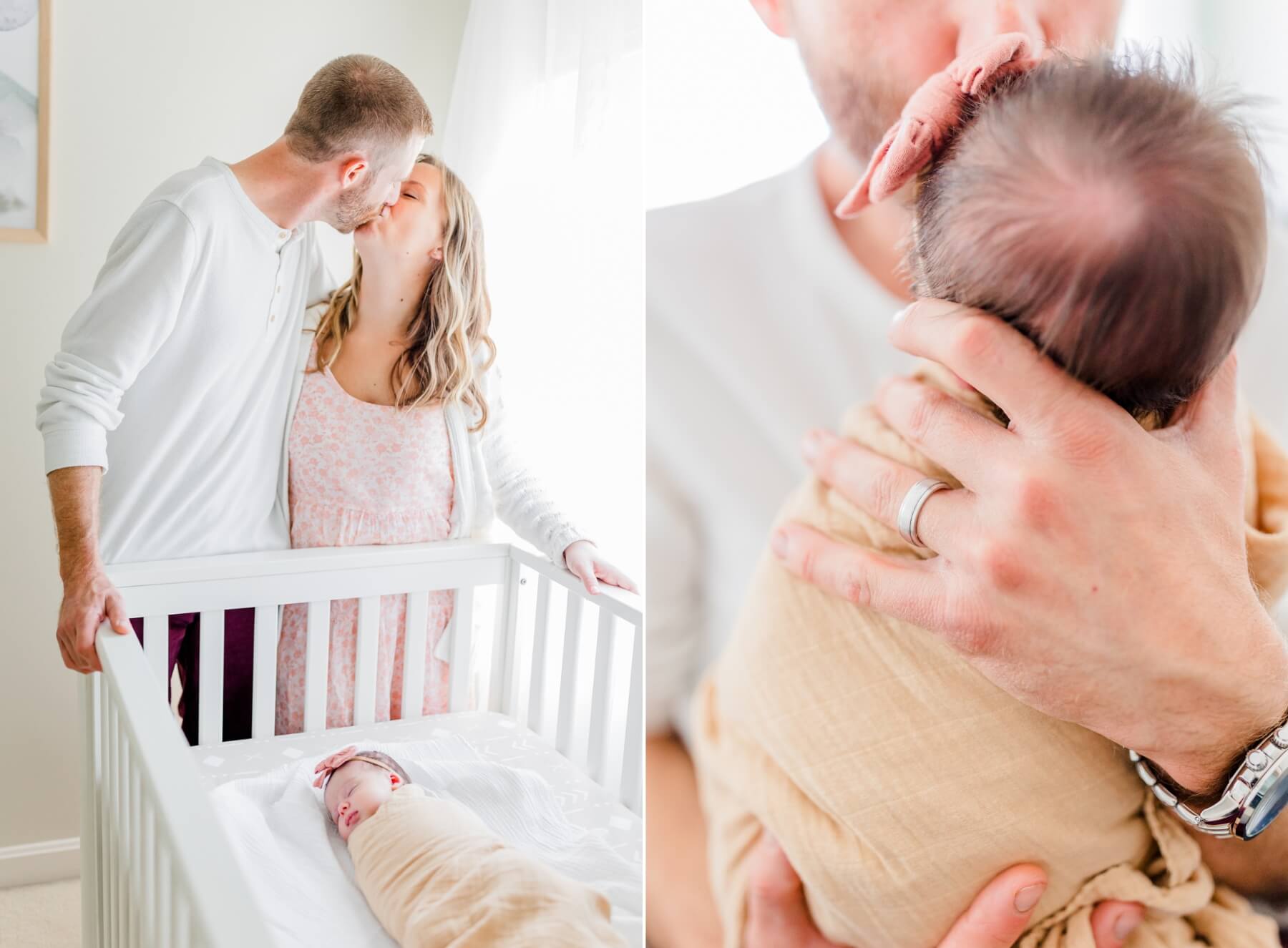 Mom and dad kiss as their newborn baby girl sleep in her crib in the nursery by a window nightingale midwifery