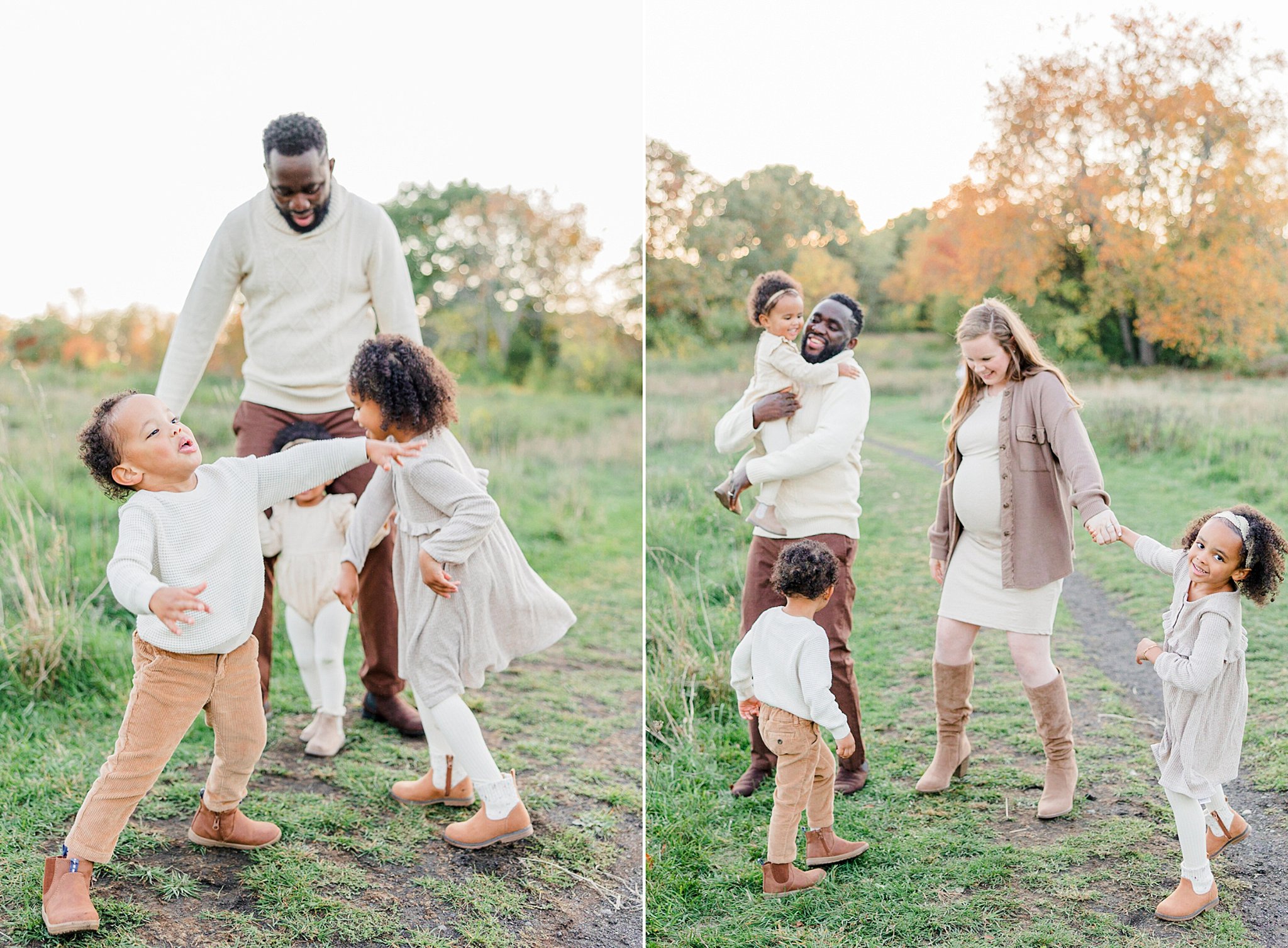 A pregnant mother and her husband play with their three kids in a park path in all matching beige and brown clothes Prenatal Chiropractor Boston