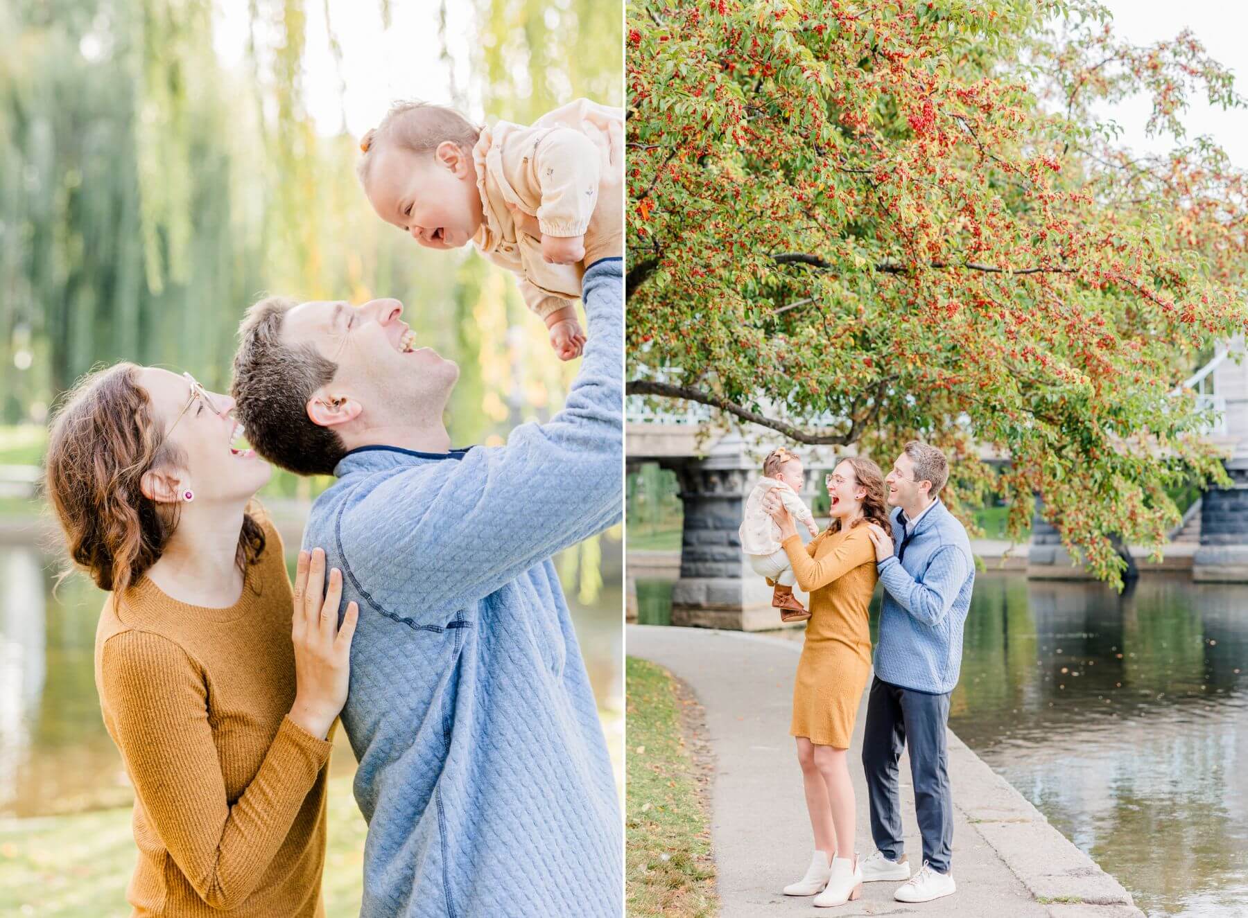 Mom and dad hold up and play with their toddler daughter along a river in a park