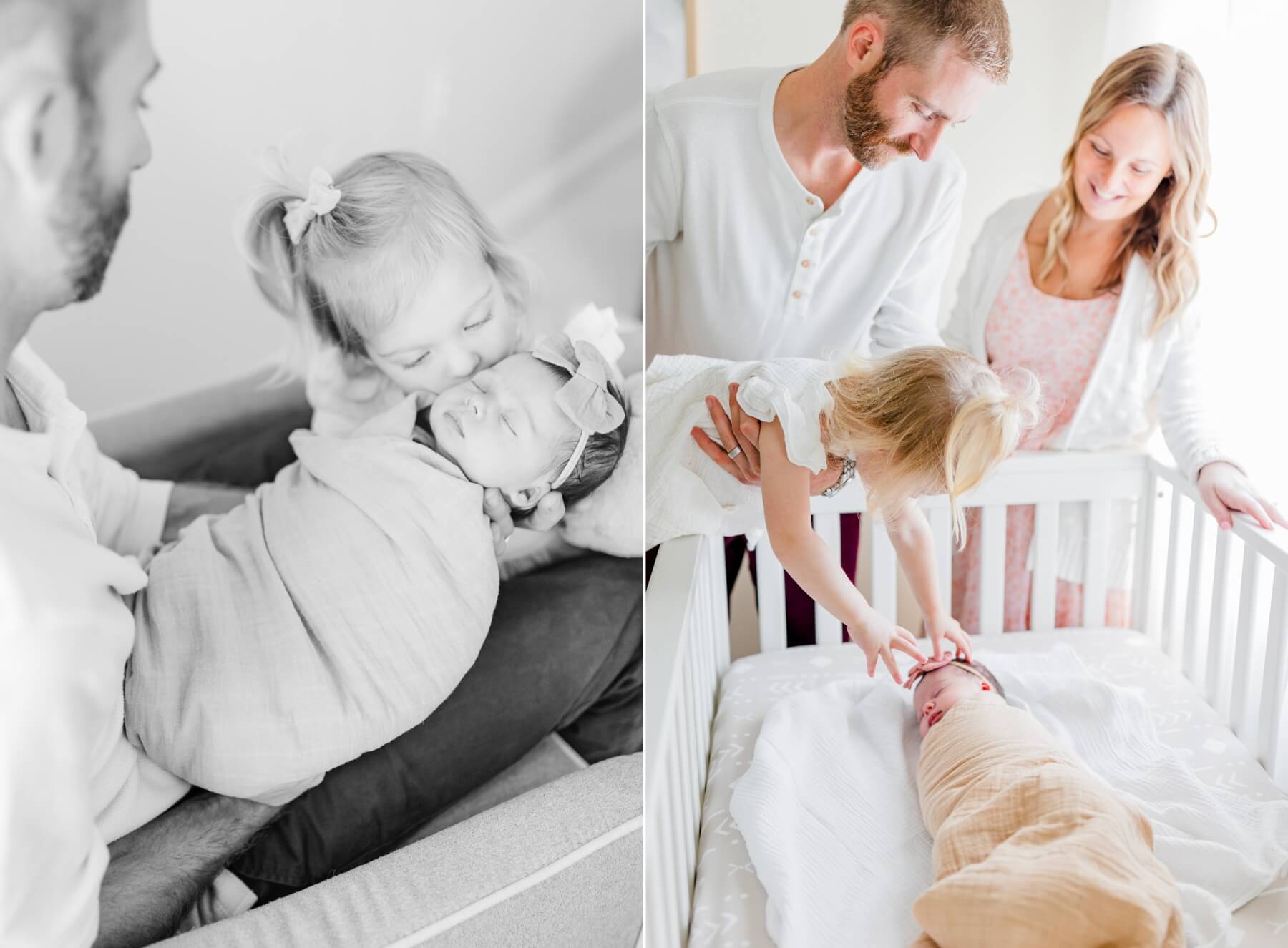 A family kisses and looks at their sleeping newborn baby girl in her crib and dad's lap