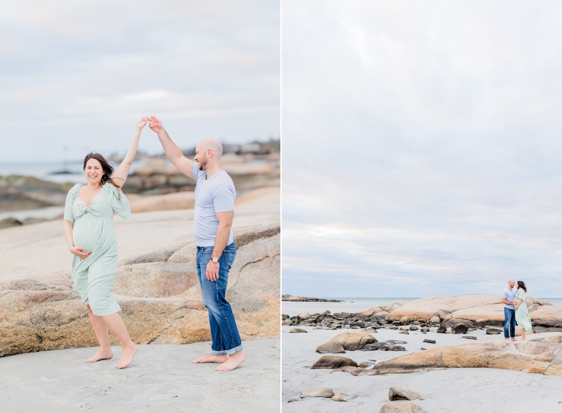 A mother to be and her husband dance together on a rocky beach best ivf clinics in massachusetts