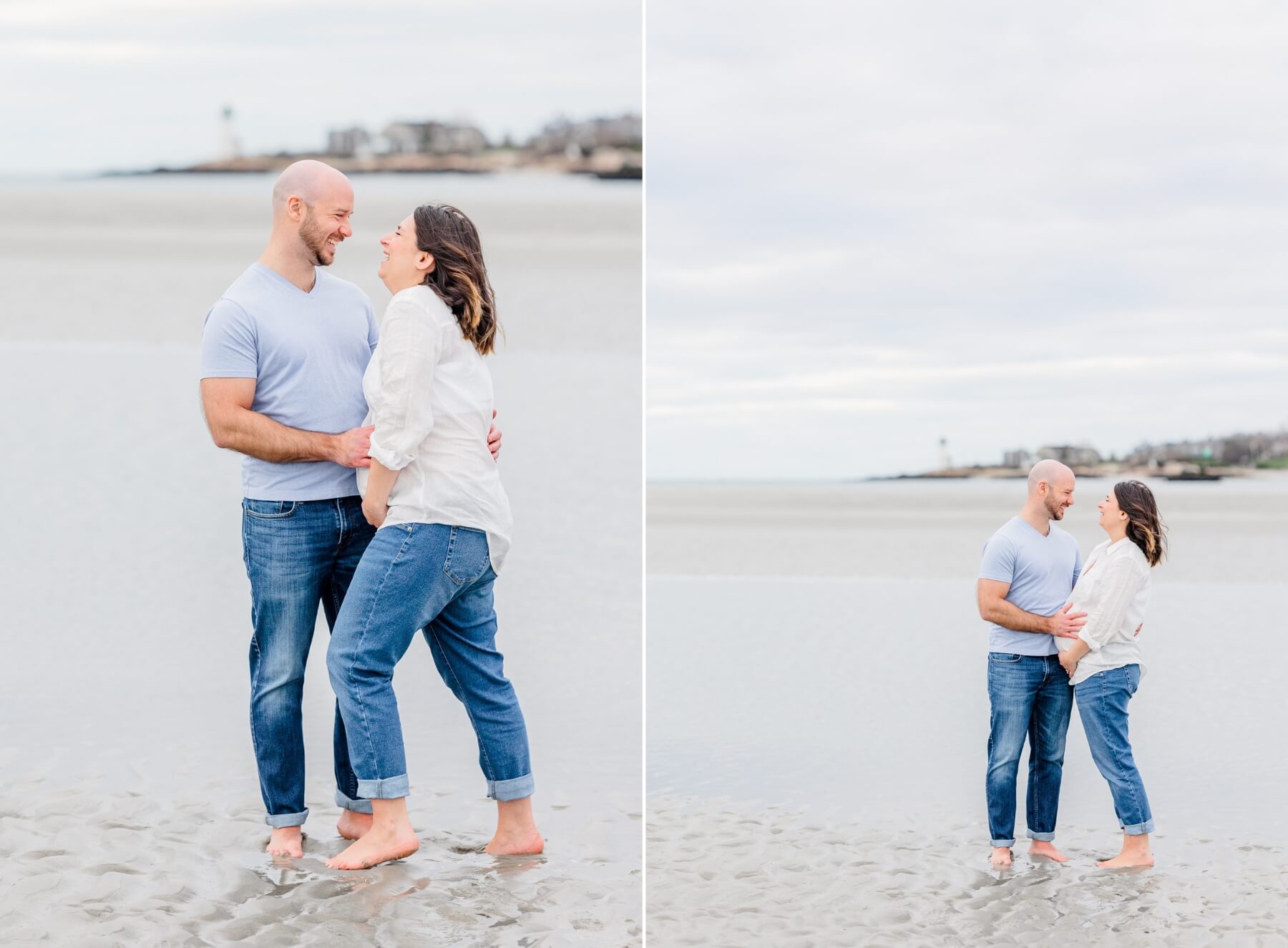 A mom to be leans into her partner while they both wear blue jeans on the beach and hold the bump boston baby shower venues