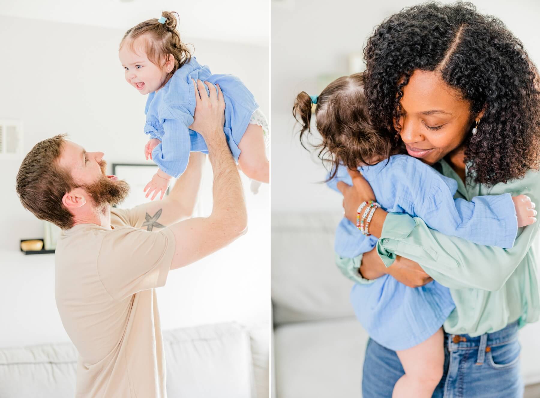 Mom and dad lift and play with their toddler daughter sleep consultant boston