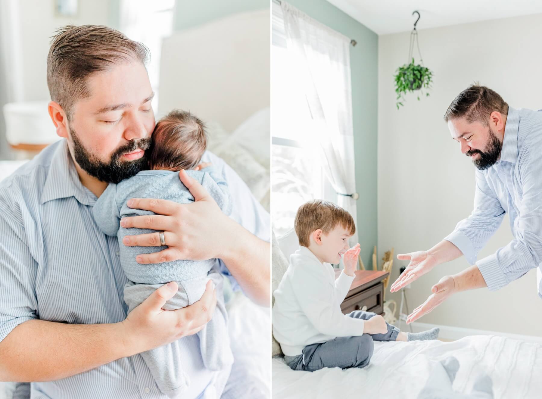 A father cradles his newborn baby boy on his shoulder then plays with his toddler son on a bed after visiting hip baby gear marblehead